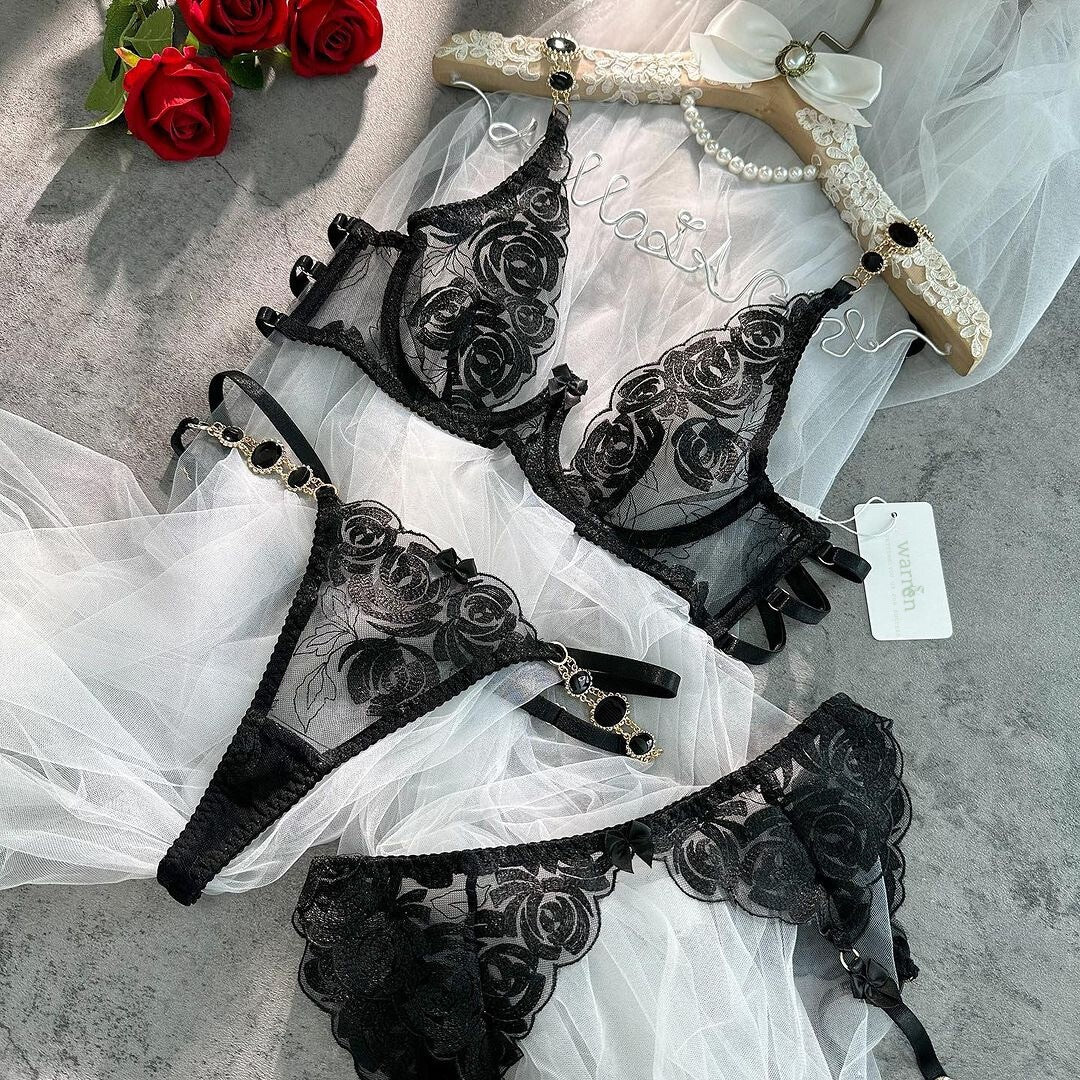 Black Rose Embroidered Gemstone Lingerie Set