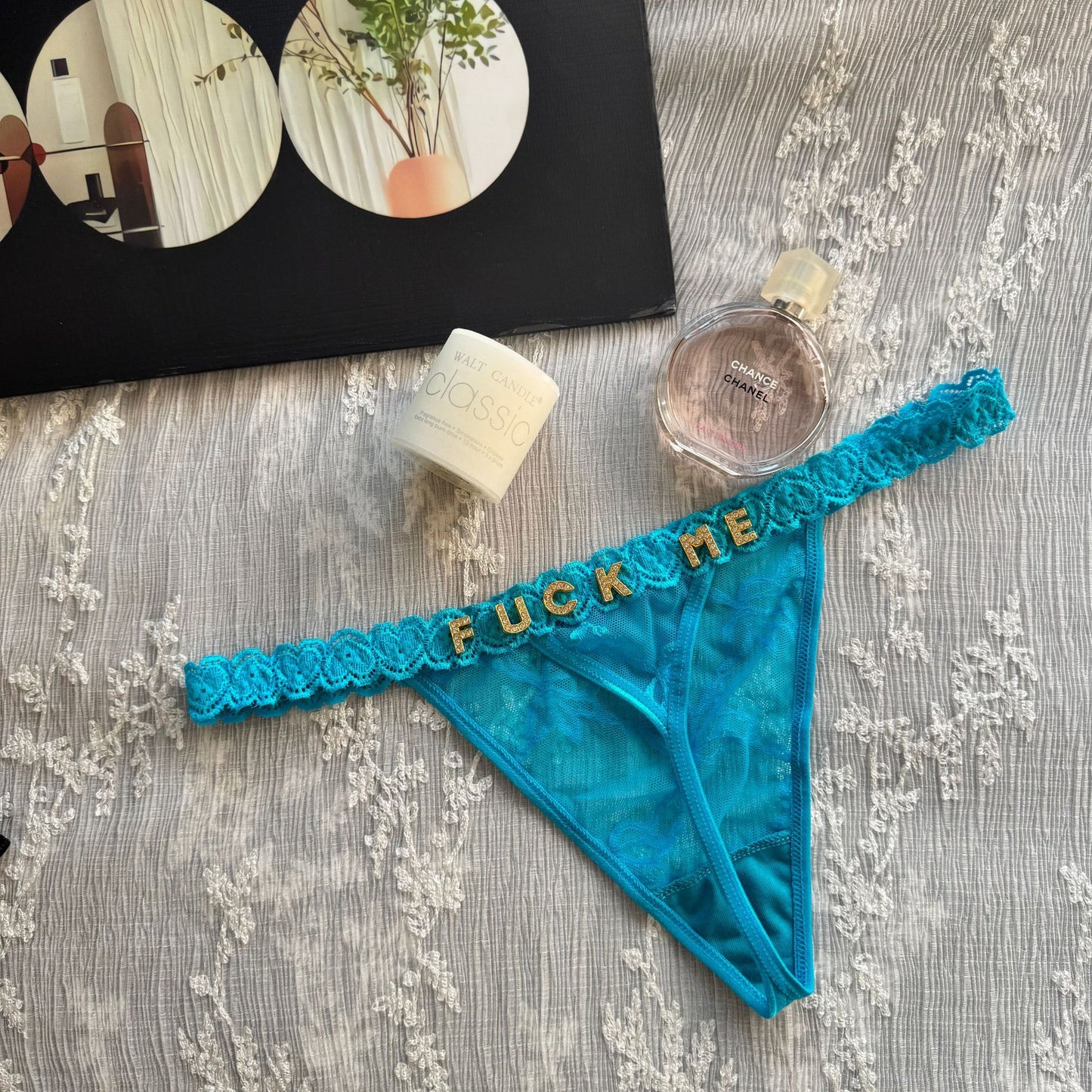 Rhinestone Letter Lace G-String Thong