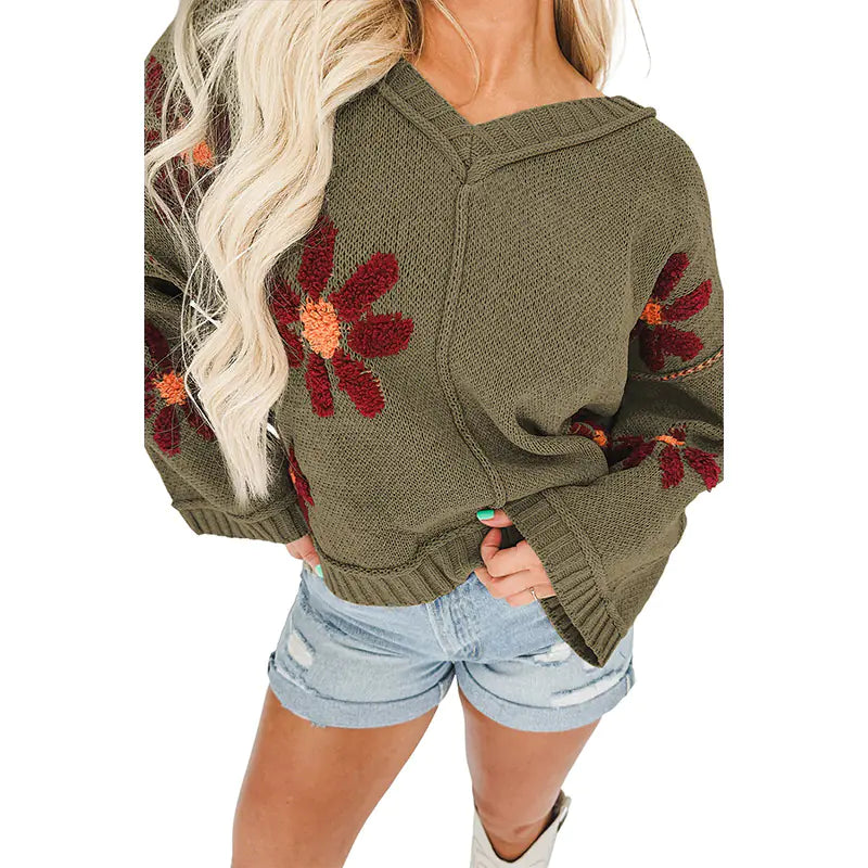 Floral Knit Sweater V-Neck Loose fit