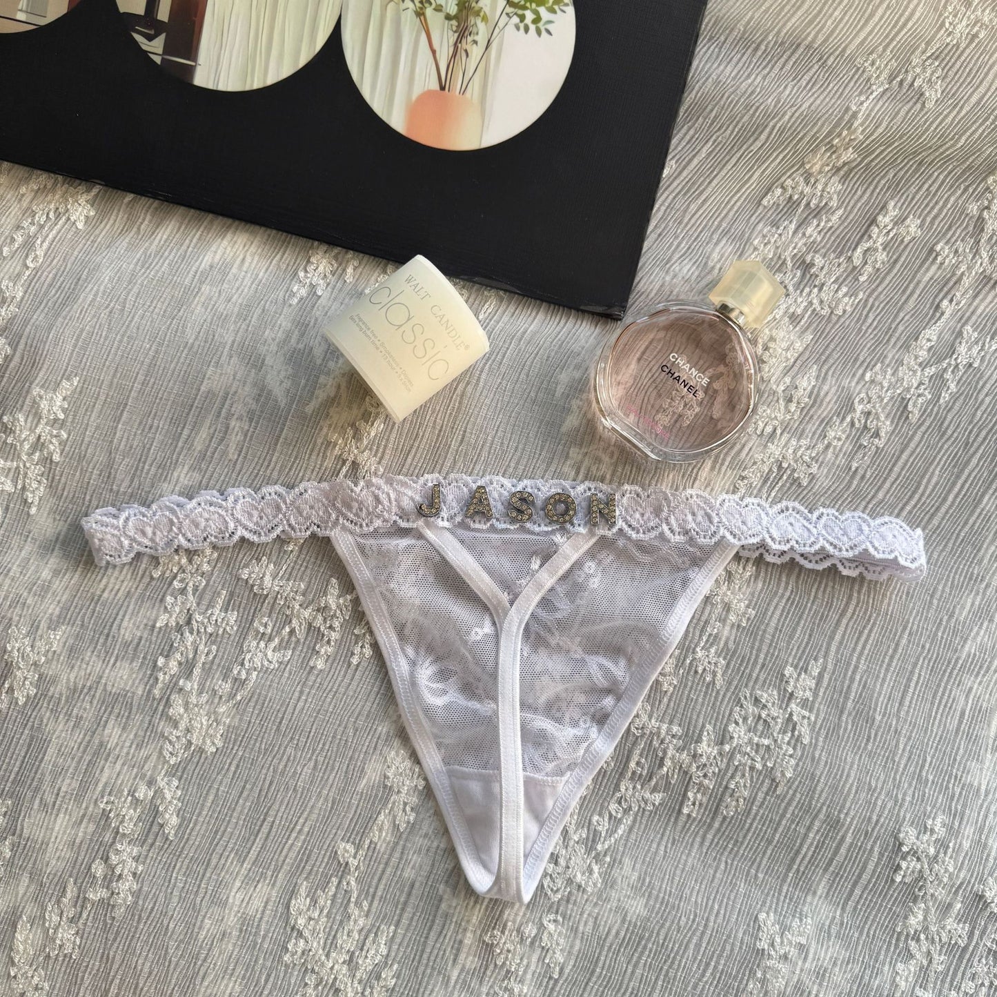Rhinestone Letter Lace G-String Thong