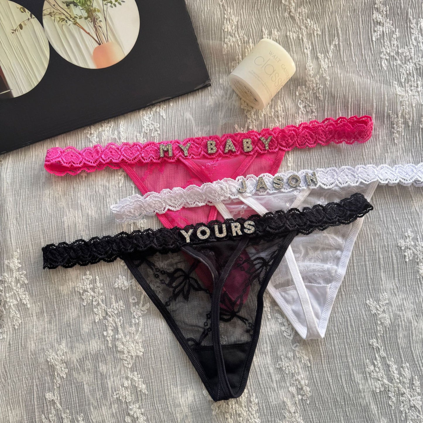 Rhinestone Letter Lace G-String Thong