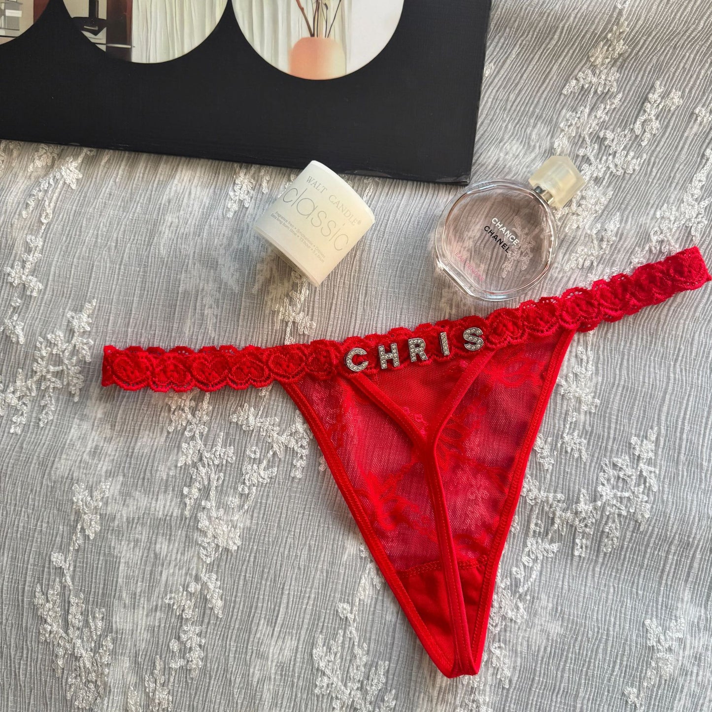 Rhinestone Letter Lace G-String Thong