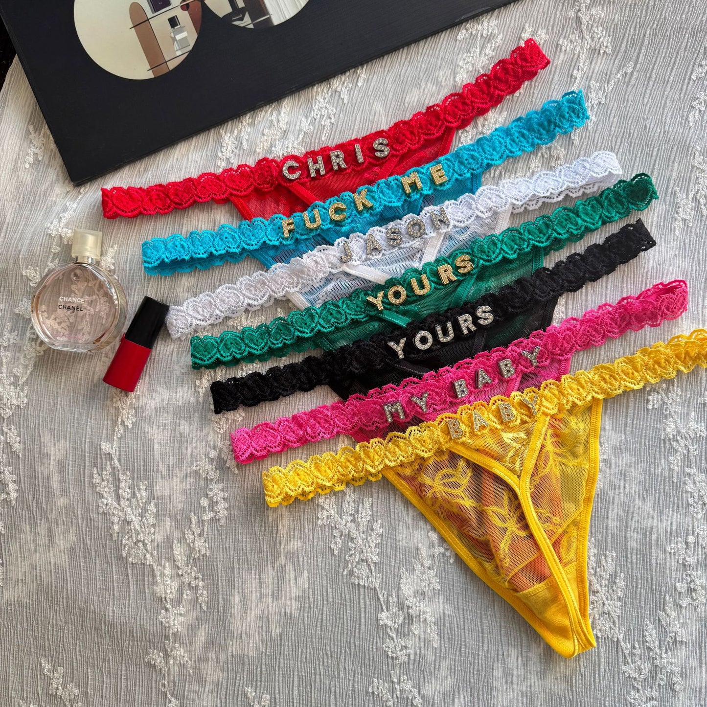 Rhinestone Letter Lace G-String Thong