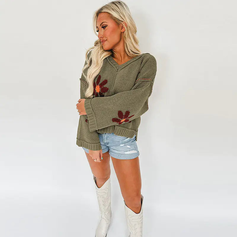 Floral Knit Sweater V-Neck Loose fit