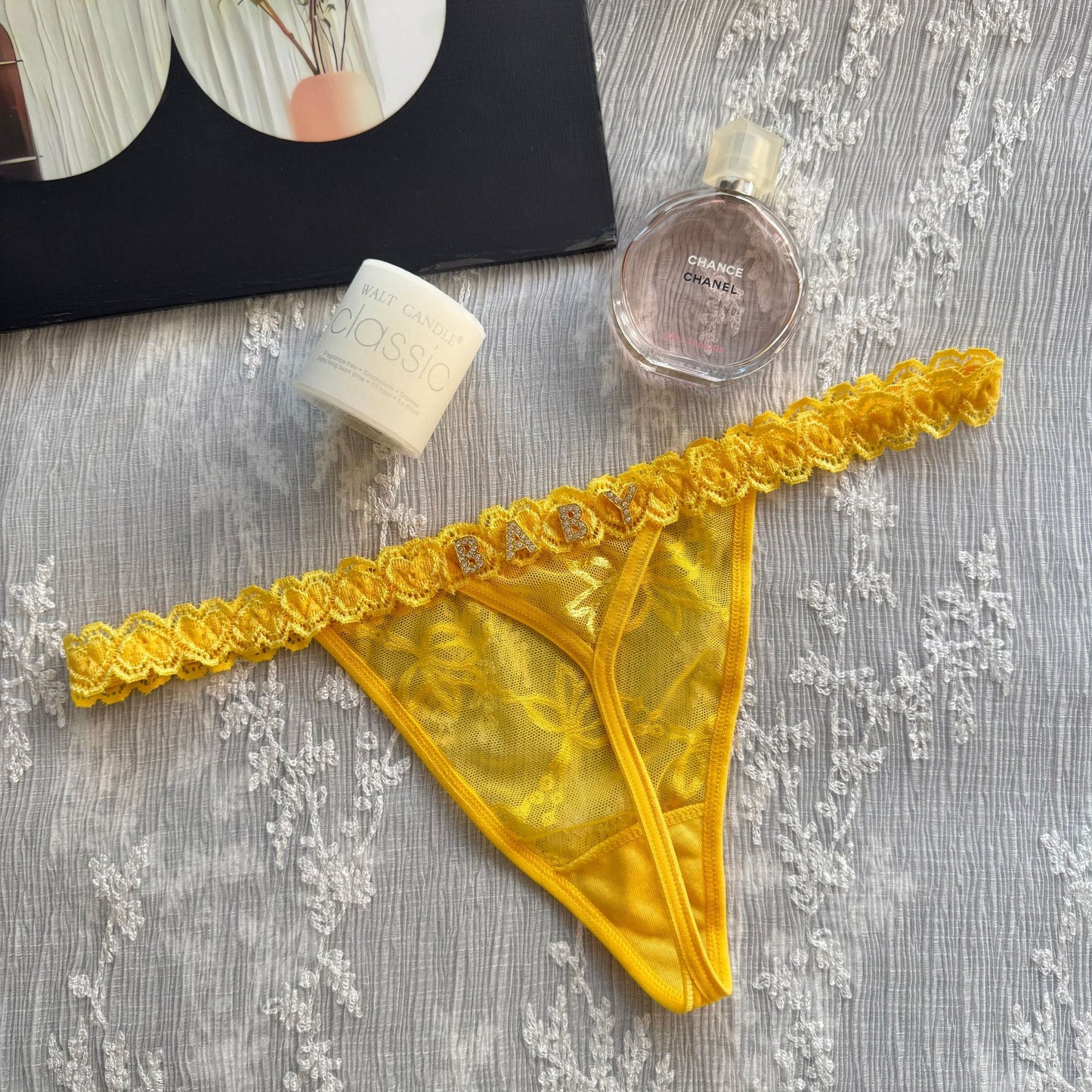 Rhinestone Letter Lace G-String Thong