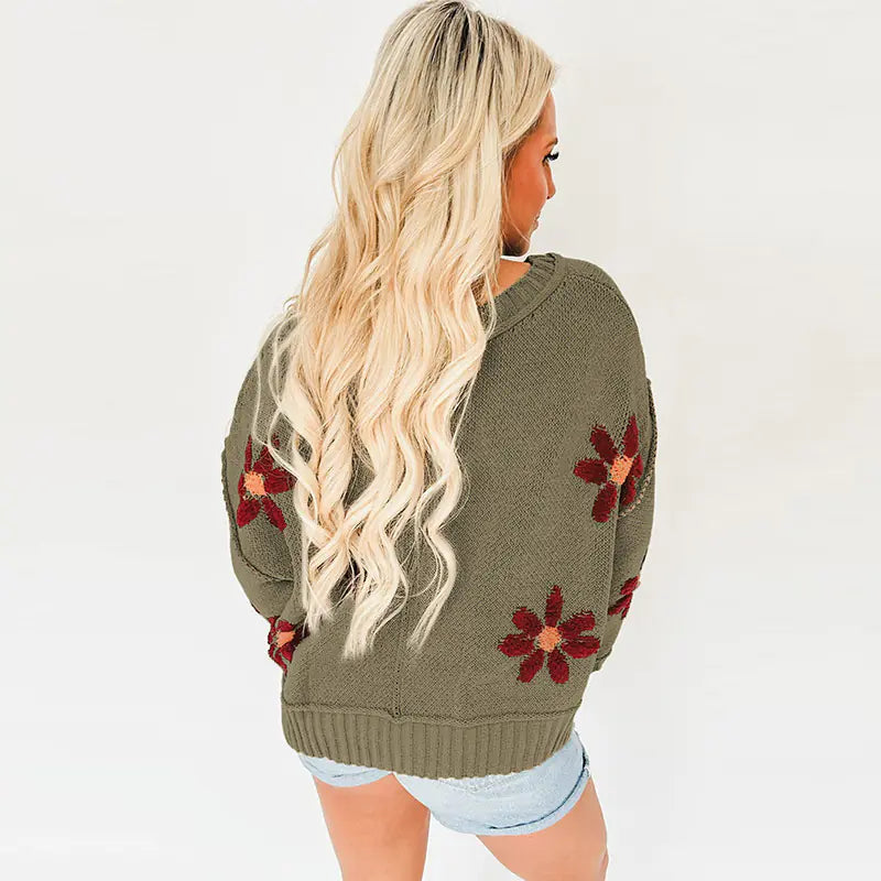 Floral Knit Sweater V-Neck Loose fit